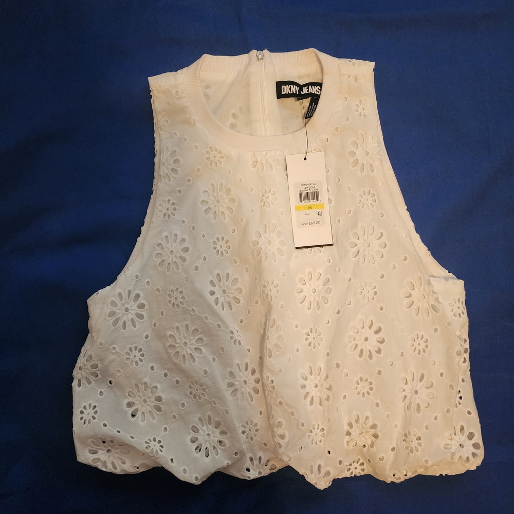 Women's Ladie's DKNY White Eyelet Floral Sleeveless Crop Top Size Medium M